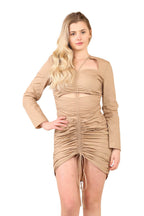 Elegant Ruched Long-Sleeve Mini Dress with Adjustable Drawstrings - Elaina Fashion