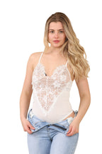 Lace Front Bodysuit – Elegant Sheer V-Neck Sleeveless Top - Elaina Fashion