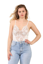 Lace Front Bodysuit – Elegant Sheer V-Neck Sleeveless Top - Elaina Fashion