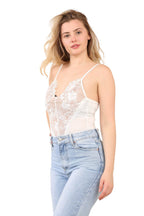 Lace Front Bodysuit – Elegant Sheer V-Neck Sleeveless Top - Elaina Fashion