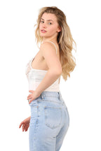 Lace Front Bodysuit – Elegant Sheer V-Neck Sleeveless Top - Elaina Fashion