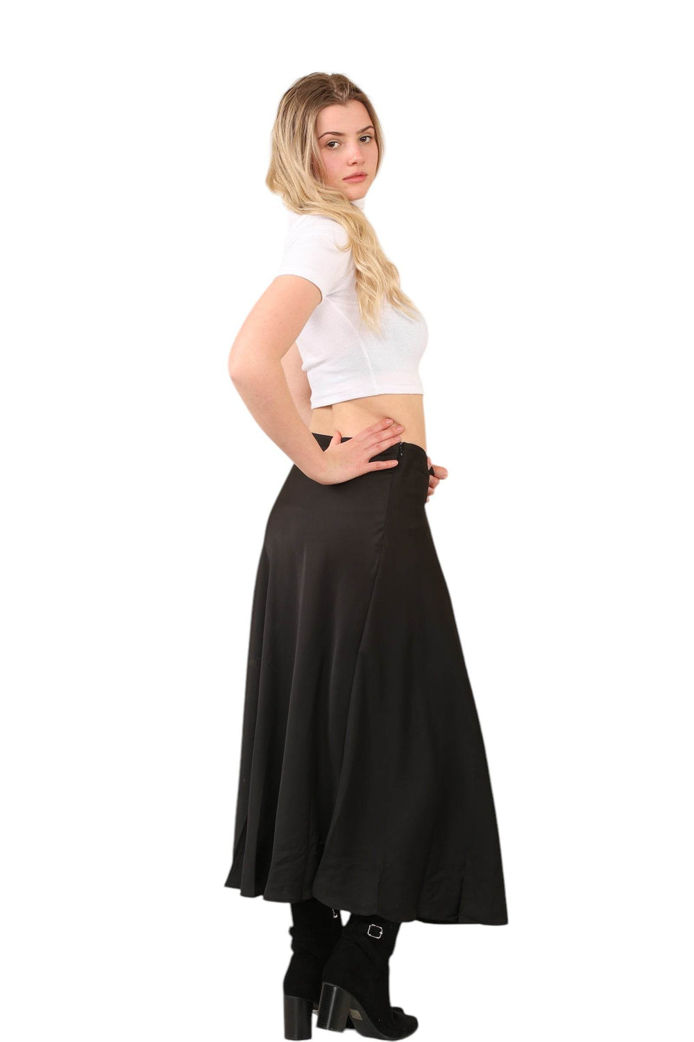 Sleek Black Satin Midi Skirt – Timeless Elegance for Every Occasion - Elaina Fashion