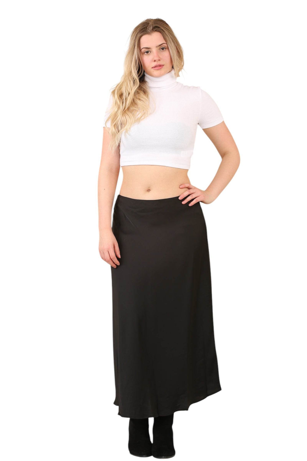 Sleek Black Satin Midi Skirt – Timeless Elegance for Every Occasion - Elaina Fashion