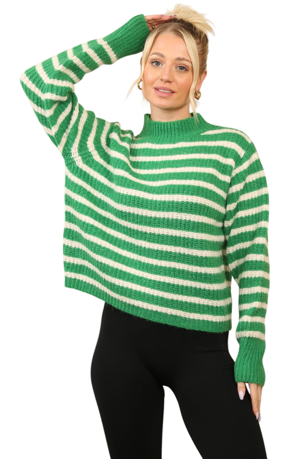 Cosy Striped Jumper with Mock Neck – Soft Acrylic Knit G/W