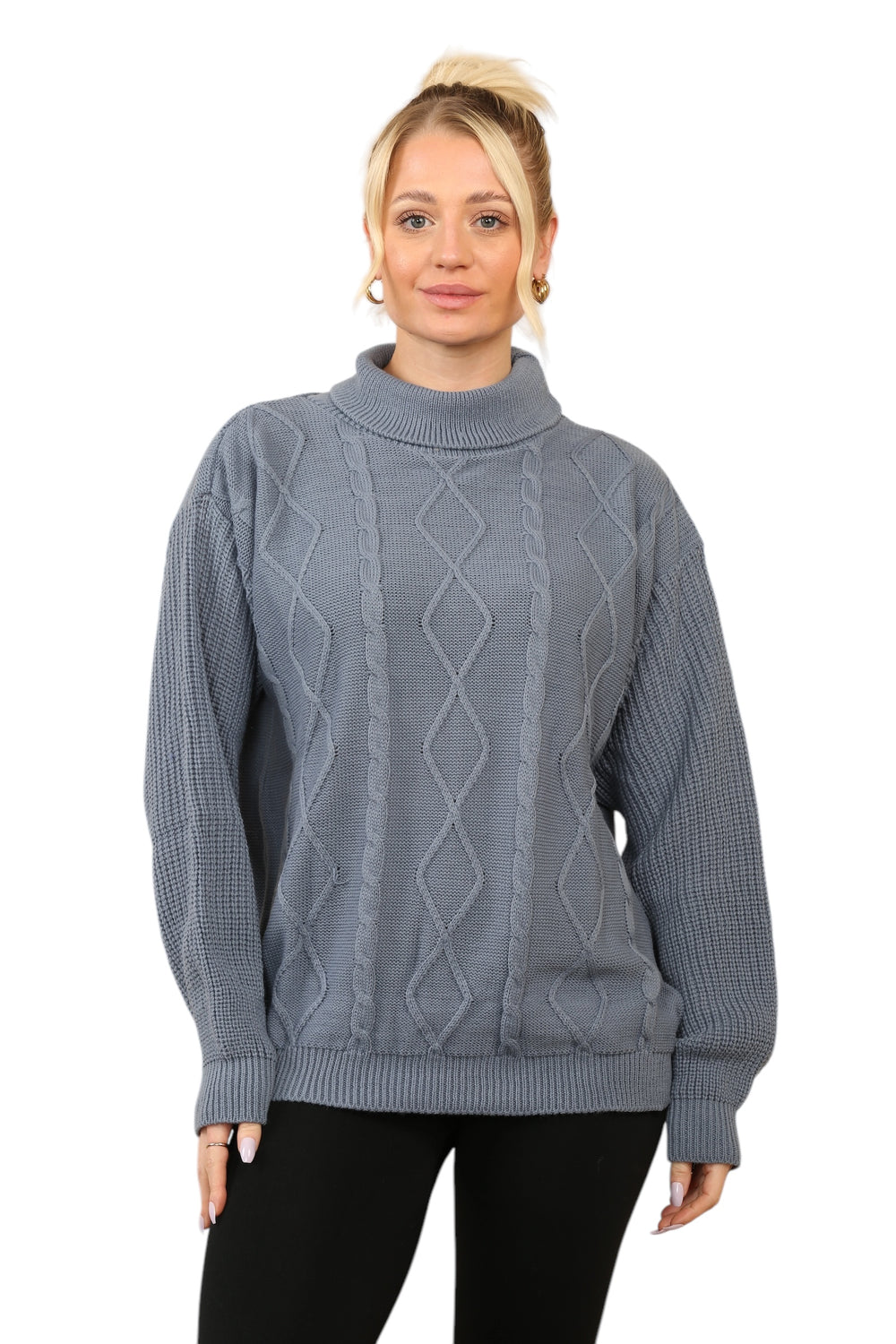 Cable Knit Mock Neck Jumper in Dusty Blue Main image