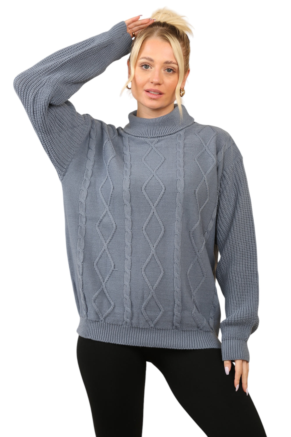 Cable Knit Mock Neck Jumper in Dusty Blue Secondary image