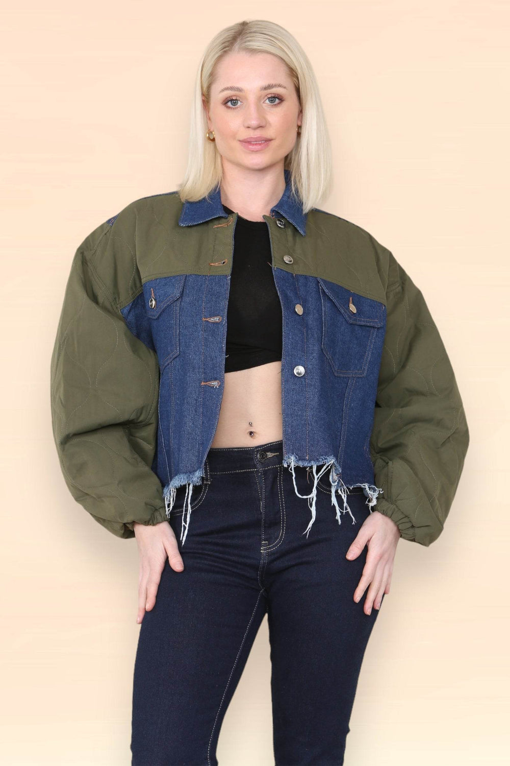 Elaina Fashion Women's Khaki & Denim Jacket Casual Coat Color Block Lapel Button Down Ripped Hem Shirt Denim Regular Fit Shacket Streetwear Secondary image