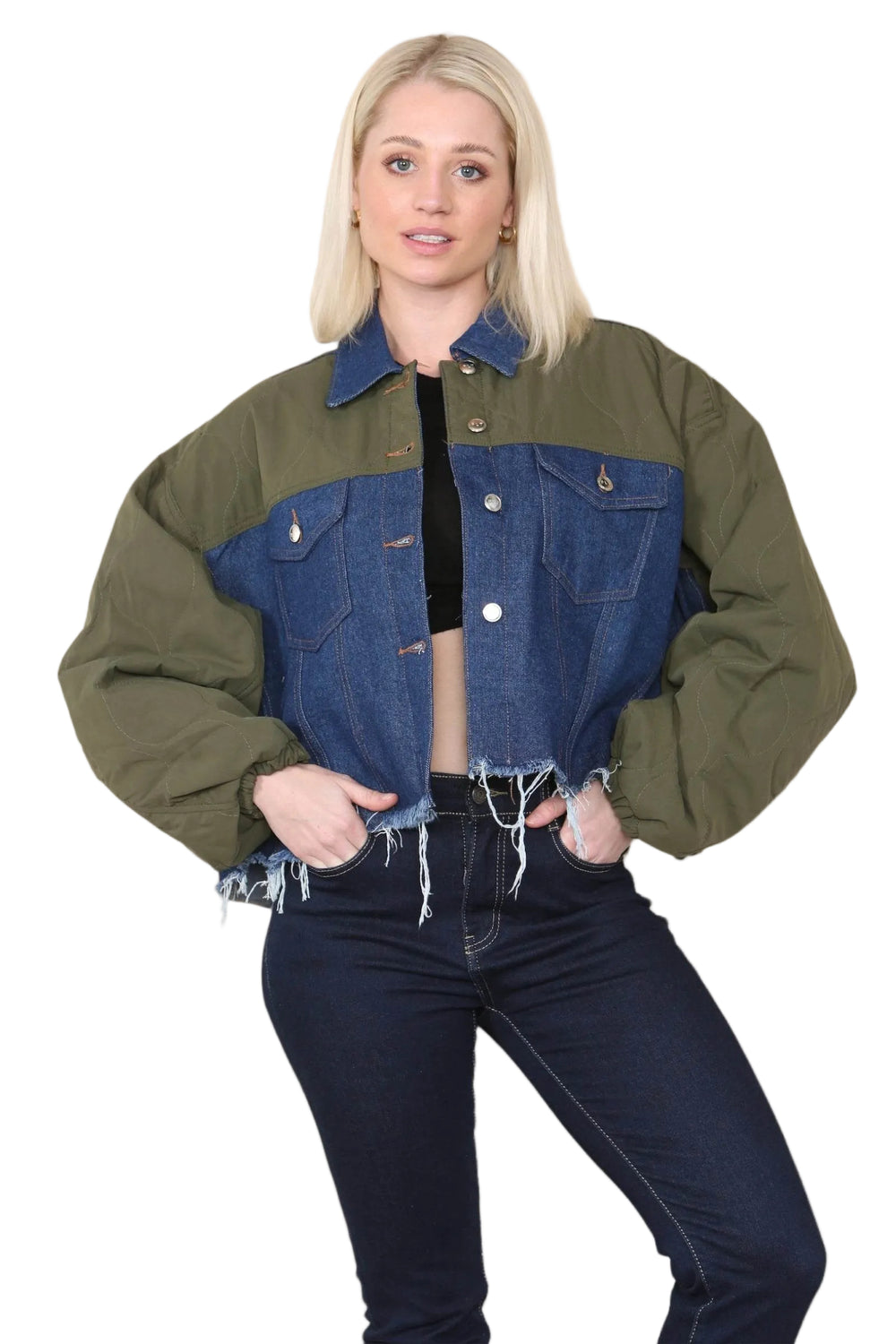 Elaina Fashion Women's Khaki & Denim Jacket Casual Short Jean Coat Color Block Lapel Button Down Ripped Hem Shirt Denim Regular Fit Shacket Streetwear - Elaina Fashion Main image