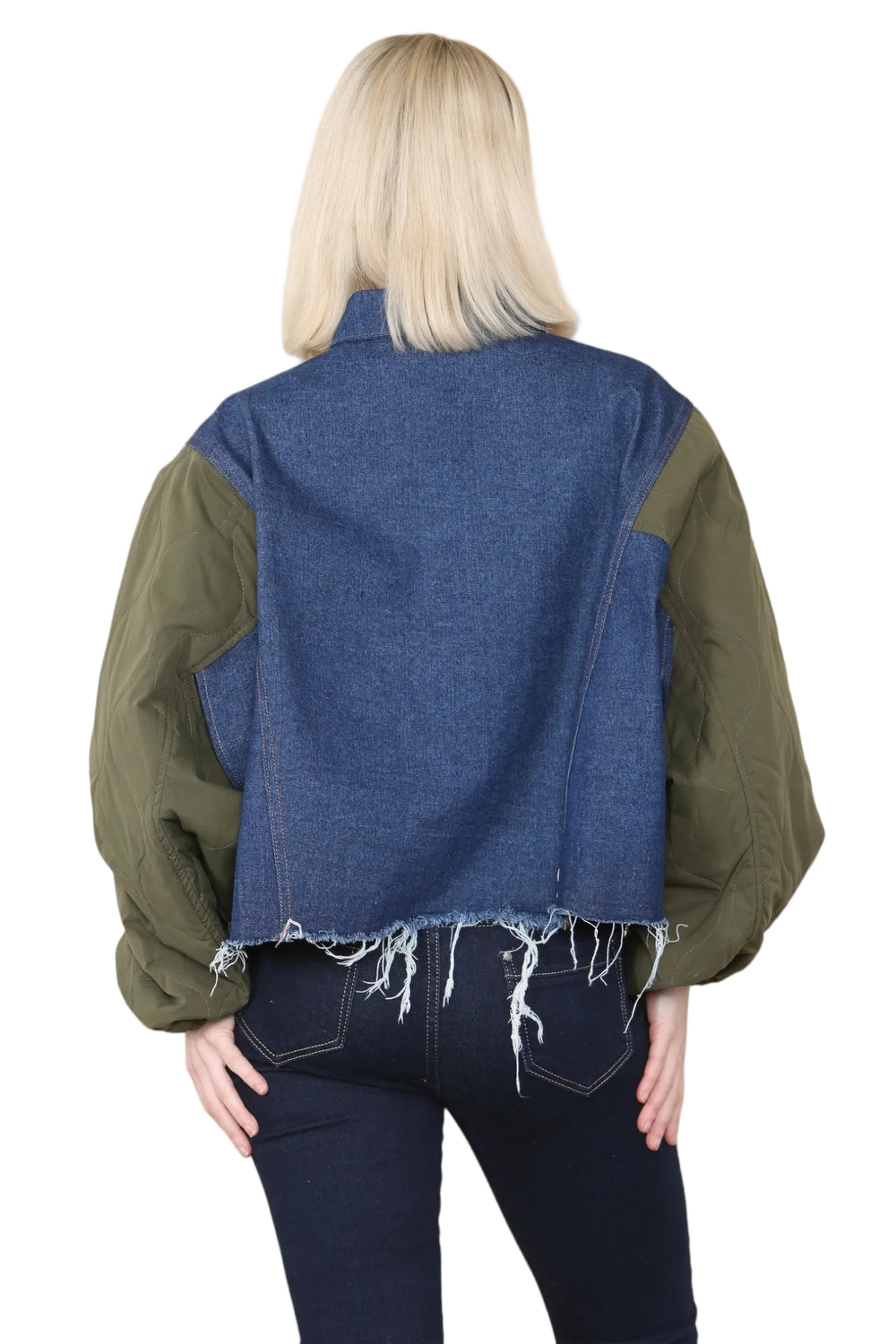 Elaina Fashion Women's Khaki & Denim Jacket Casual Coat Color Block Lapel Button Down Ripped Hem Shirt Denim Regular Fit Shacket Streetwear