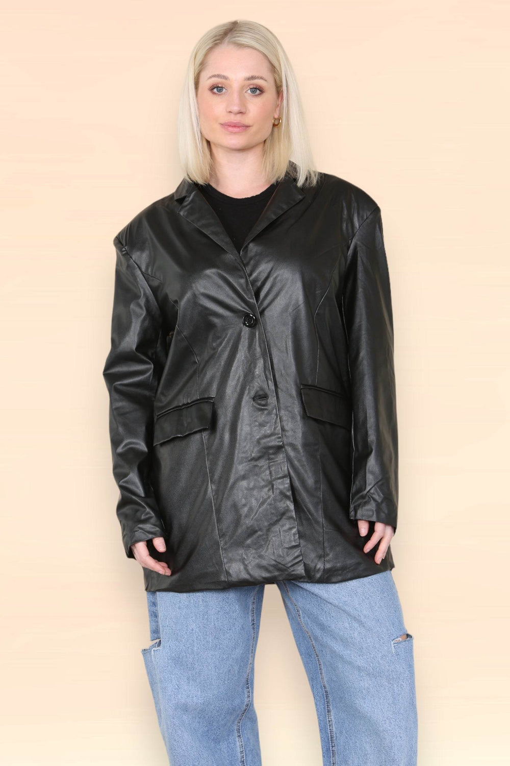 Women's Black Casual PU Faux Leather Turndown Collar Shacket with Button Front - Long Sleeve Oversized Blazer Outwear Coat for Bike, Motor, Party, Office, Jacket with Pockets Secondary image