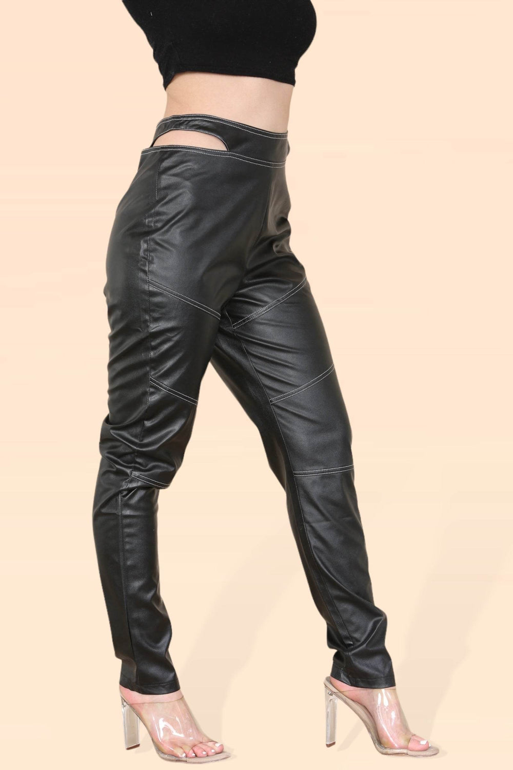 Women's Cut Out High Waist PU Biker Trousers - Sexy Leather Look Rider Pants with Elastic Waist, Modern Classic Vintage Streetwear - Elaina Fashion
