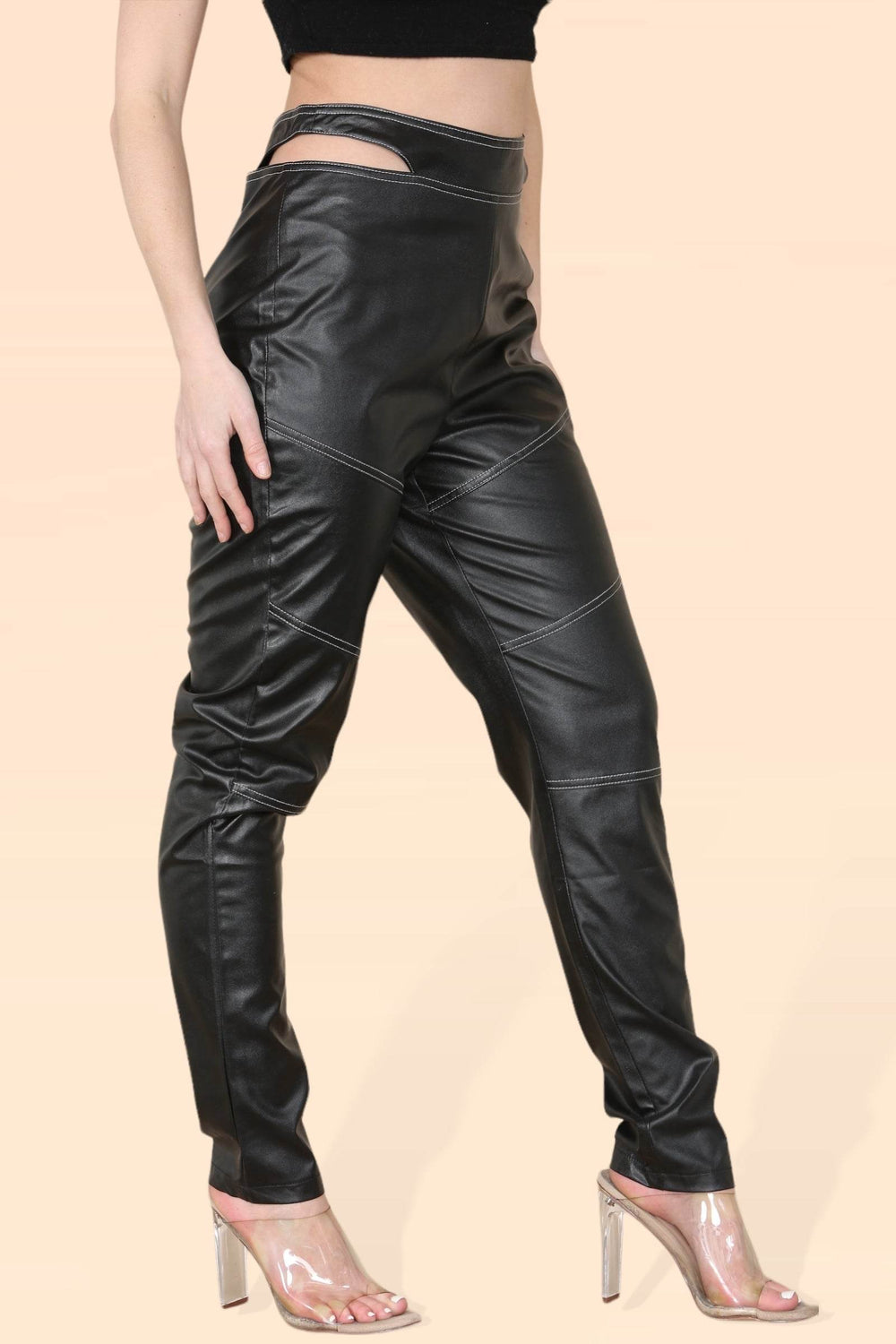 Women's Cut Out High Waist PU Biker Trousers - Sexy Leather Look Rider Pants with Elastic Waist, Modern Classic Vintage Streetwear - Elaina Fashion