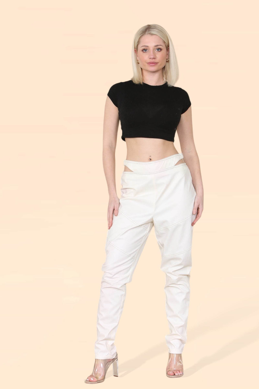 Women's Cut Out High Waist PU Biker Trousers - Sexy Leather Look Rider Pants with Elastic Waist, Modern Classic Vintage Streetwear - Elaina Fashion