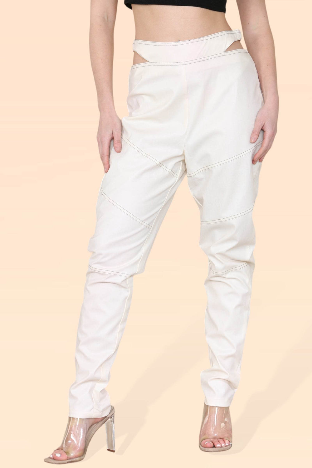 Women's Cut Out High Waist PU Biker Trousers - Sexy Leather Look Rider Pants with Elastic Waist, Modern Classic Vintage Streetwear - Elaina Fashion