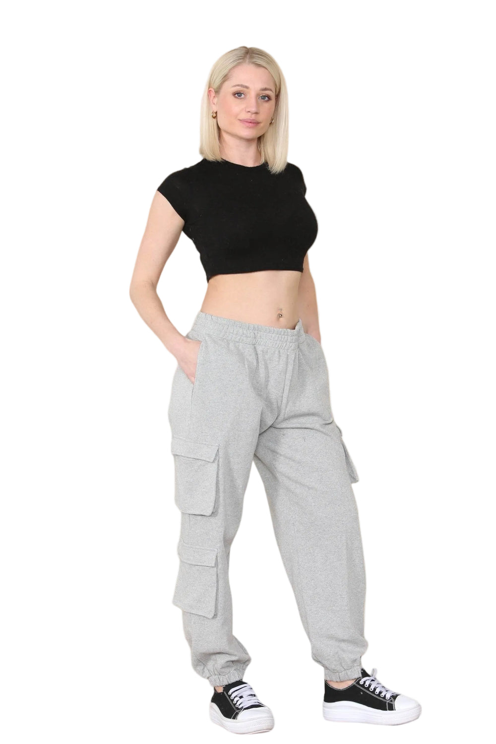 Women's Grey Combat Cargo Trousers - Loose Fit with Elasticated Ankles & Waistband, Pockets, Pull-On Joggers for Work, Casual, Sports, School, and Streetwear Bottoms Casual Pant - Elaina Fashion Main image