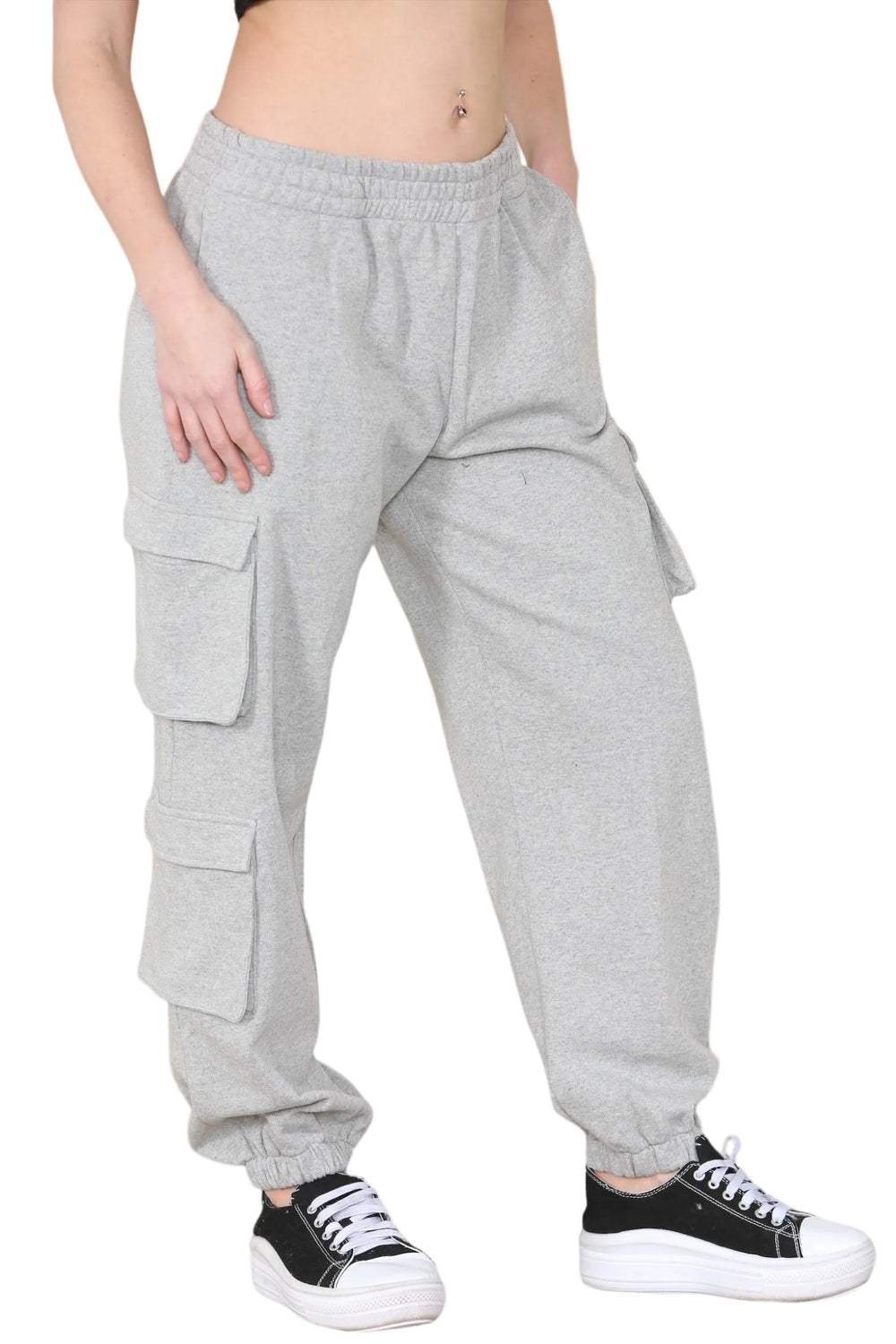 Women's Grey Combat Cargo Trousers - Loose Fit with Elasticated Ankles & Waistband, Pockets, Pull-On Joggers for Work, Casual, Sports, School, and Streetwear Bottoms Casual Pant Secondary image