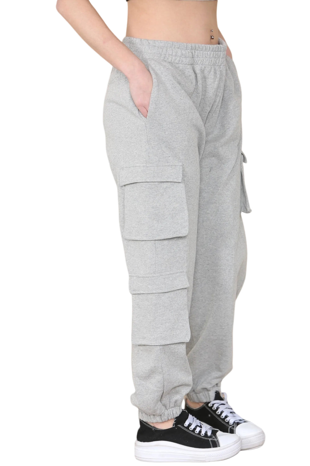 Women's Grey Combat Cargo Trousers - Loose Fit with Elasticated Ankles & Waistband, Pockets, Pull-On Joggers for Work, Casual, Sports, School, and Streetwear Bottoms Casual Pant