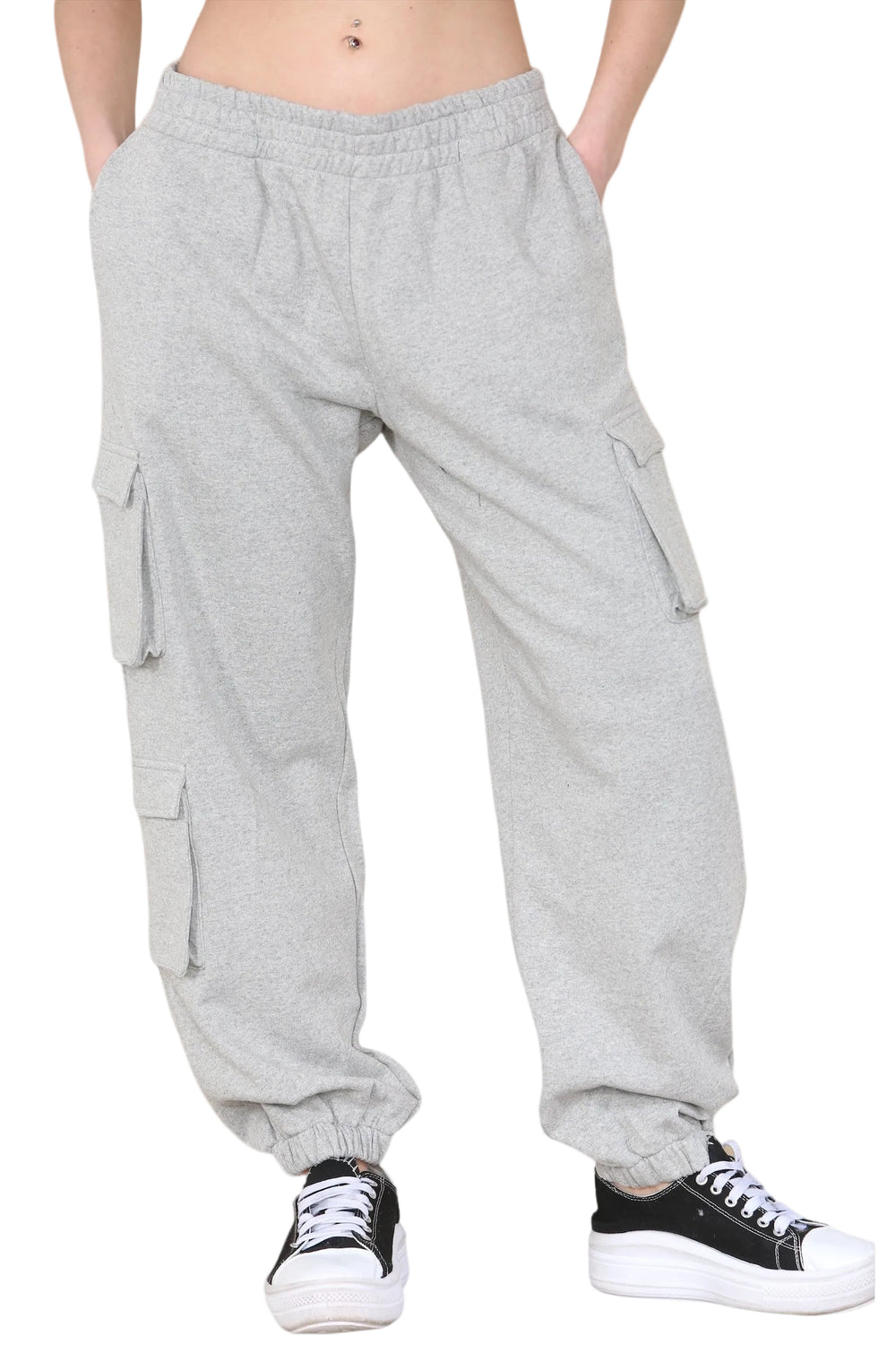 Women's Grey Combat Cargo Trousers - Loose Fit with Elasticated Ankles & Waistband, Pockets, Pull-On Joggers for Work, Casual, Sports, School, and Streetwear Bottoms Casual Pant