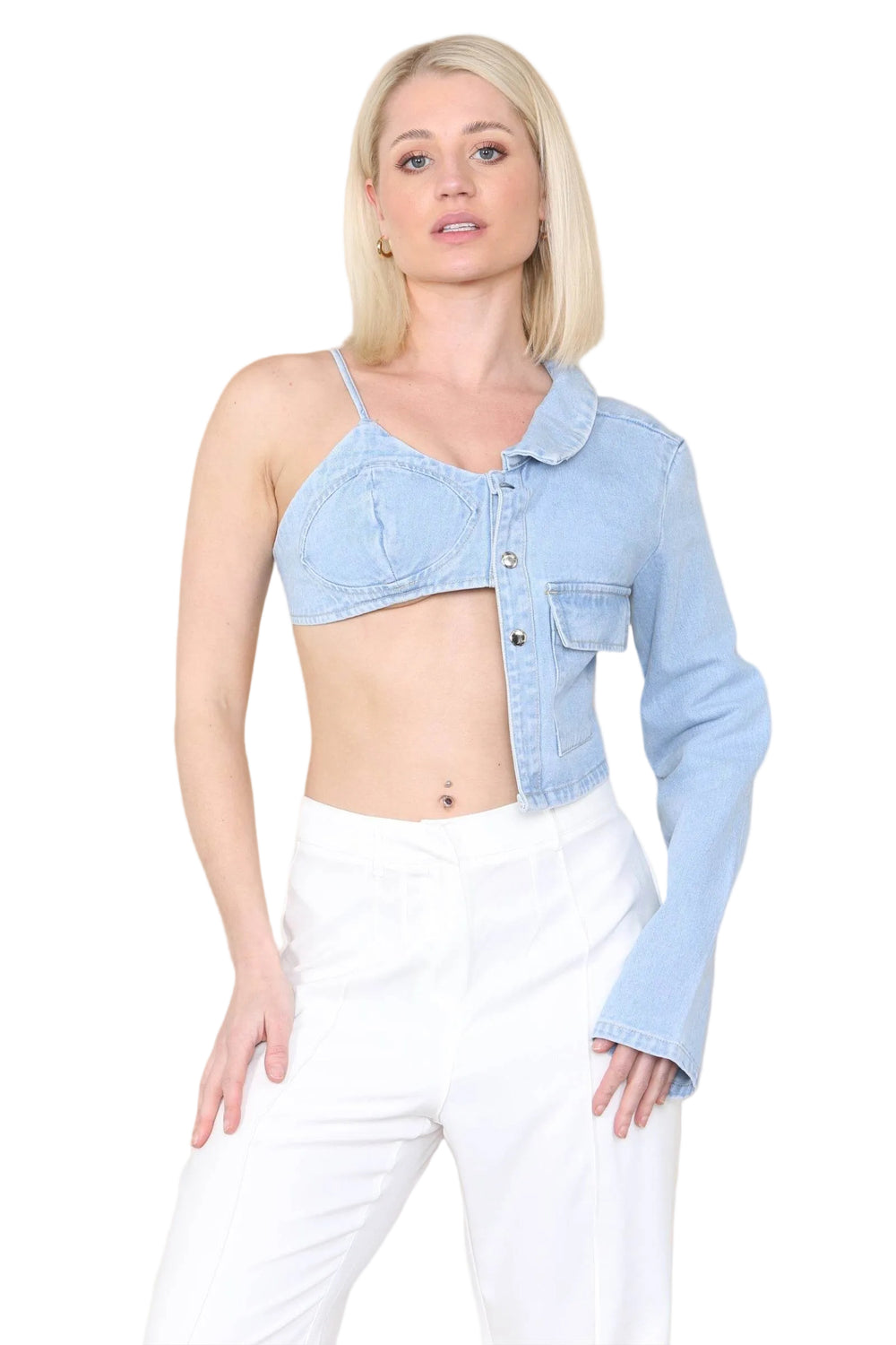 Women's Light Blue Wash Denim Top Elegant Classic Unique Sleeves with Shoulder Strap & Collar Crop Shirt Jeans Denim Bra Blouse Summer Club Party Streetwear Daily Home - Elaina Fashion