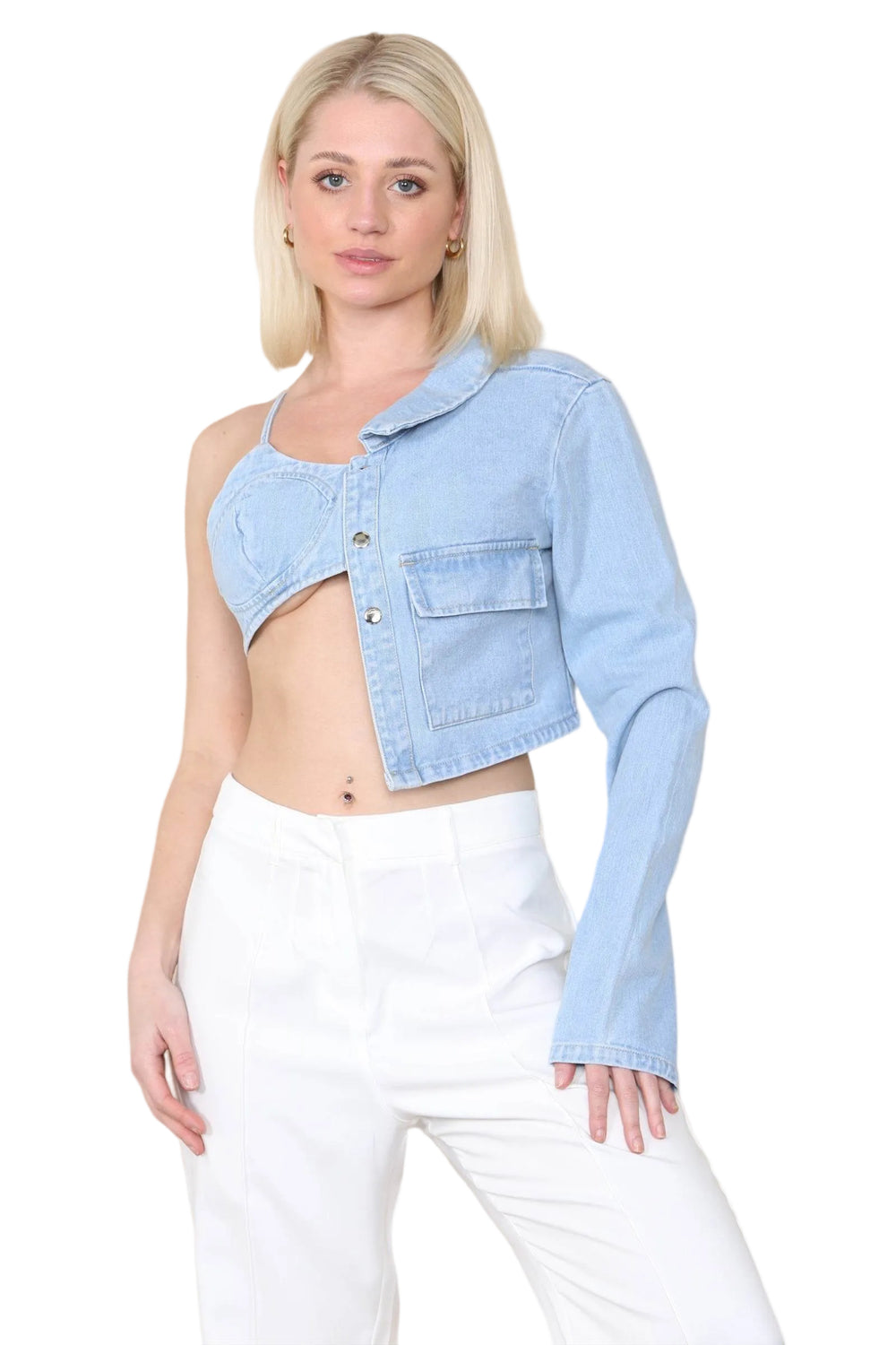 Women's Light Blue Wash Denim Top Elegant Classic Unique Sleeves with Shoulder Strap & Collar Crop Shirt Jeans Denim Bra Blouse Summer Club Party Streetwear Daily Home - Elaina Fashion