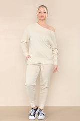 Women Beige Winter Warm Knitted Boat neck Co-Ord Solid Two Piece Loungewear Outfits Set