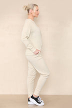 Women Beige Winter Warm Knitted Boat neck Co-Ord Solid Two Piece Loungewear Outfits Set