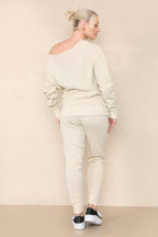 Women Beige Winter Warm Knitted Boat neck Co-Ord Solid Two Piece Loungewear Outfits Set