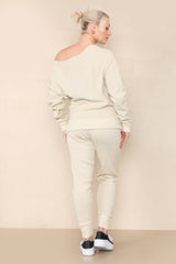 Women Beige Winter Warm Knitted Boat neck Co-Ord Solid Two Piece Loungewear Outfits Set