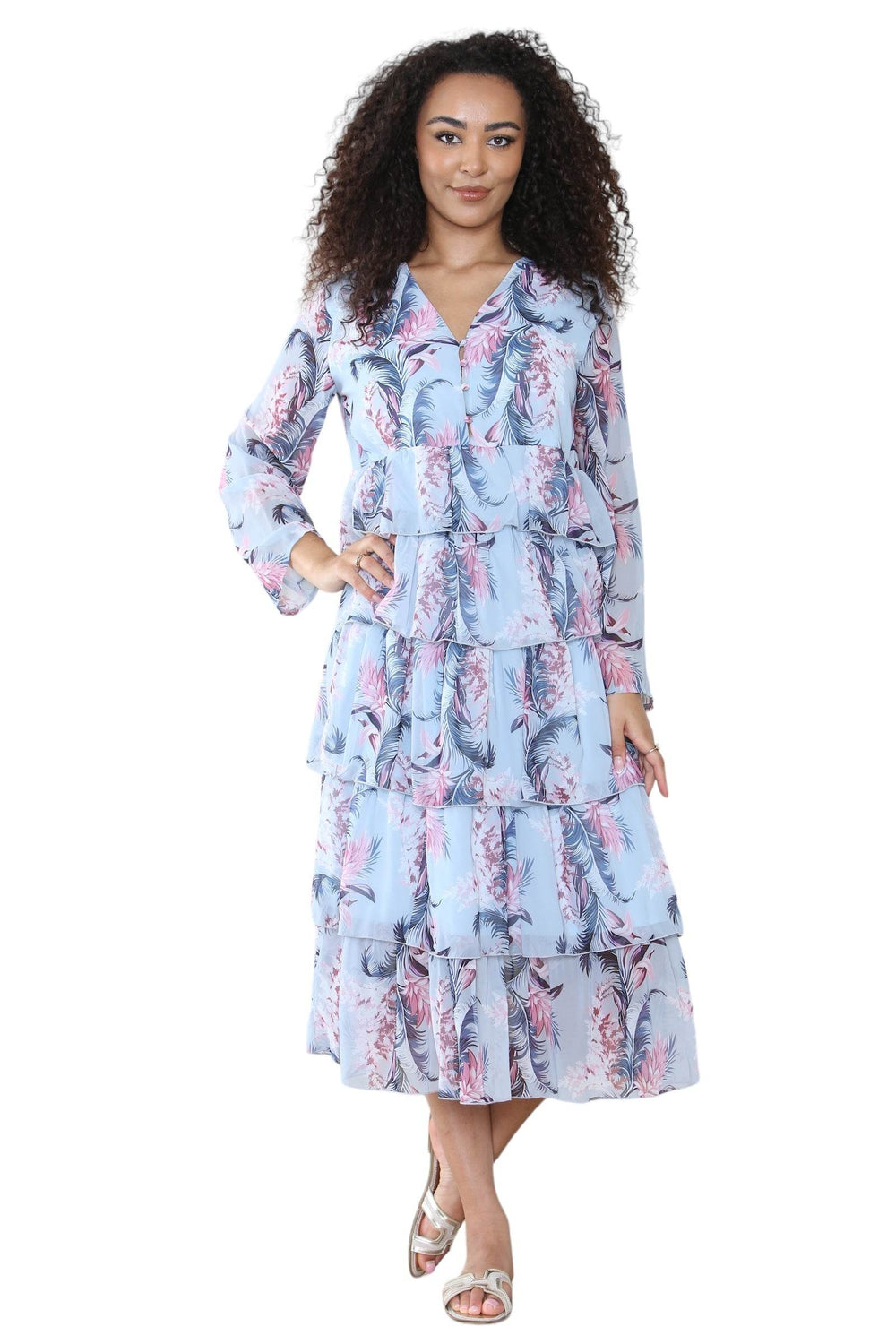 Women's Baby Blue V Neck Leaf Floral Ruffle Pleated Layered Swing Party Long Maxi Dress – Casual Smocked Cocktail Flowy Summer Beach Sundress Party Streetwear Dress - Elaina Fashion