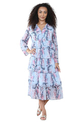 Women's Baby Blue V Neck Leaf Floral Ruffle Pleated Layered Swing Party Long Maxi Dress – Casual Smocked Cocktail Flowy Summer Beach Sundress Party Streetwear Dress - Elaina Fashion