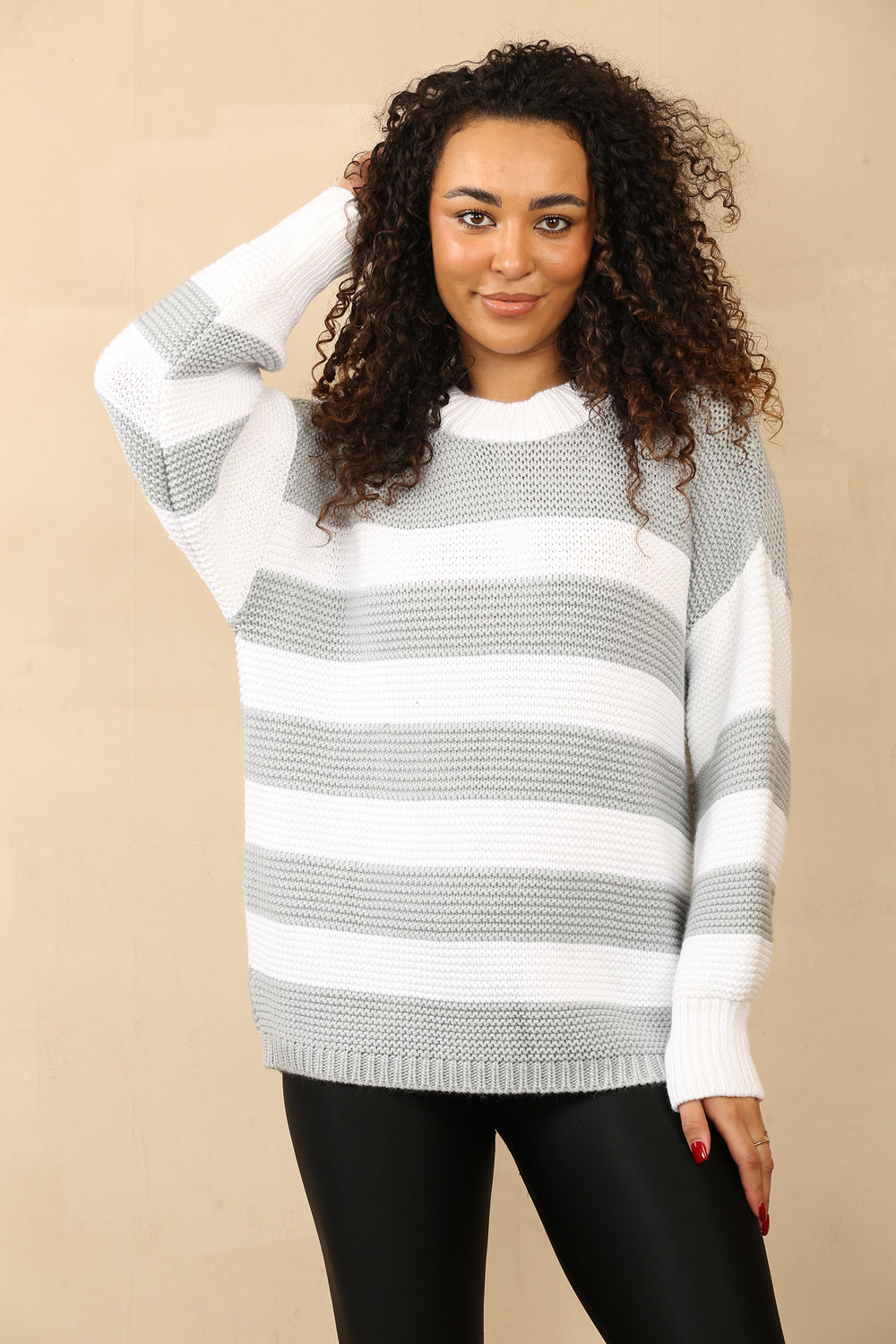Women's Crew Round Neck Striped Oversized Sweater - Baggy Knitted Jumpers with Long Sleeves Secondary image