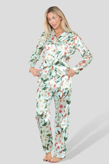 Women's Floral Printed Satin Pyjama Sleepwear Set - Long Sleeve, Soft Button-Down Silk 2piece PJ Nightwear Set for All Seasons, Wedding, Bridal and Bridesmaids Loungewear - Elaina Fashion