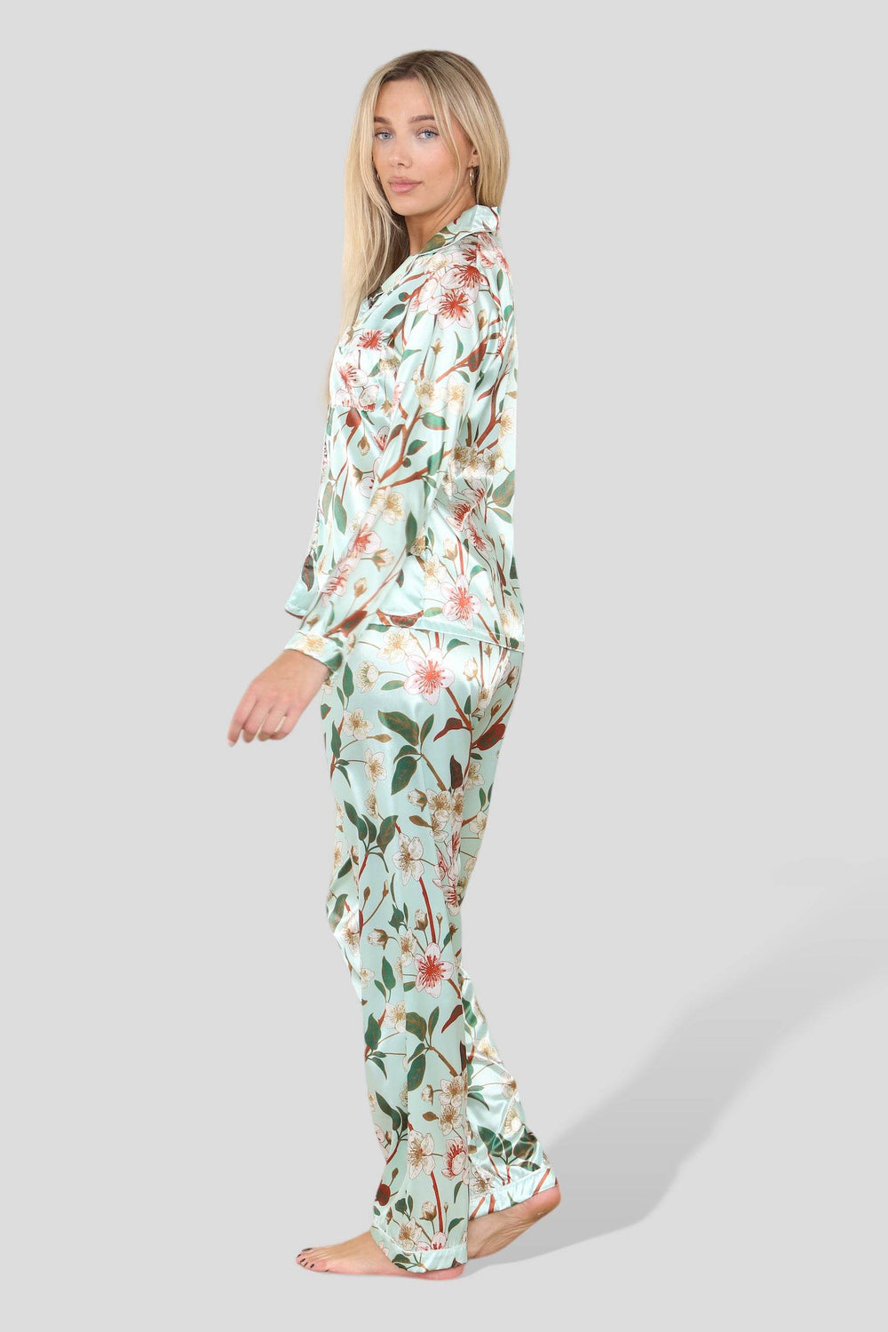 Women's Floral Printed Satin Pyjama Sleepwear Set - Long Sleeve, Soft Button-Down Silk 2piece PJ Nightwear Set for All Seasons, Wedding, Bridal and Bridesmaids Loungewear - Elaina Fashion