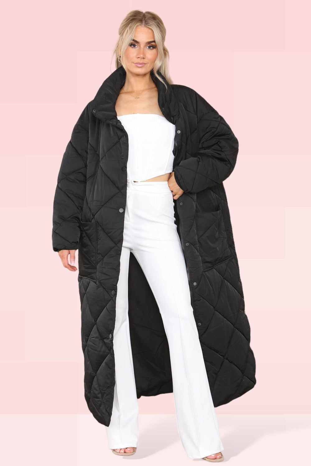 Elaina Fashion Women's Black Longline Maxi Quilted Padded Coat - Comfort Winter Warm Puffer Full Zip Down Oversized Long Sleeve Jacket Outwear - Elaina Fashion