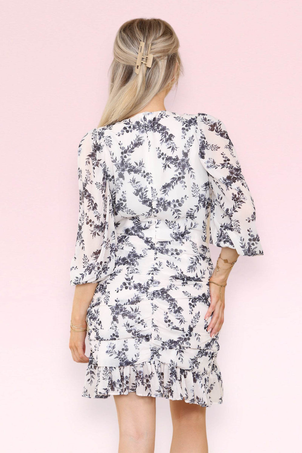 Elaina Fashion Women's V-Neck Floral Mini Swing Dress - Casual Cute Ruffled Dress with ¾ Flowy Sleeves Casual Tropical Floral Party Sundress Beach Dress - Elaina Fashion