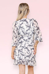 Elaina Fashion Women's V-Neck Floral Mini Swing Dress - Casual Cute Ruffled Dress with ¾ Flowy Sleeves Casual Tropical Floral Party Sundress Beach Dress - Elaina Fashion