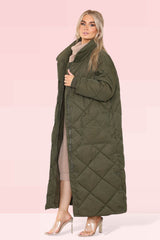 Women's Khaki Full-Length Longline Maxi Quilted Padded Coat - Warm and Comfortable Puffer Down Jacket with Pockets, Long Sleeves, Full Zip, Oversized Winter Gilet Bodywarmer Outwear - Elaina Fashion