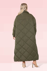 Women's Khaki Full-Length Longline Maxi Quilted Padded Coat - Warm and Comfortable Puffer Down Jacket with Pockets, Long Sleeves, Full Zip, Oversized Winter Gilet Bodywarmer Outwear - Elaina Fashion