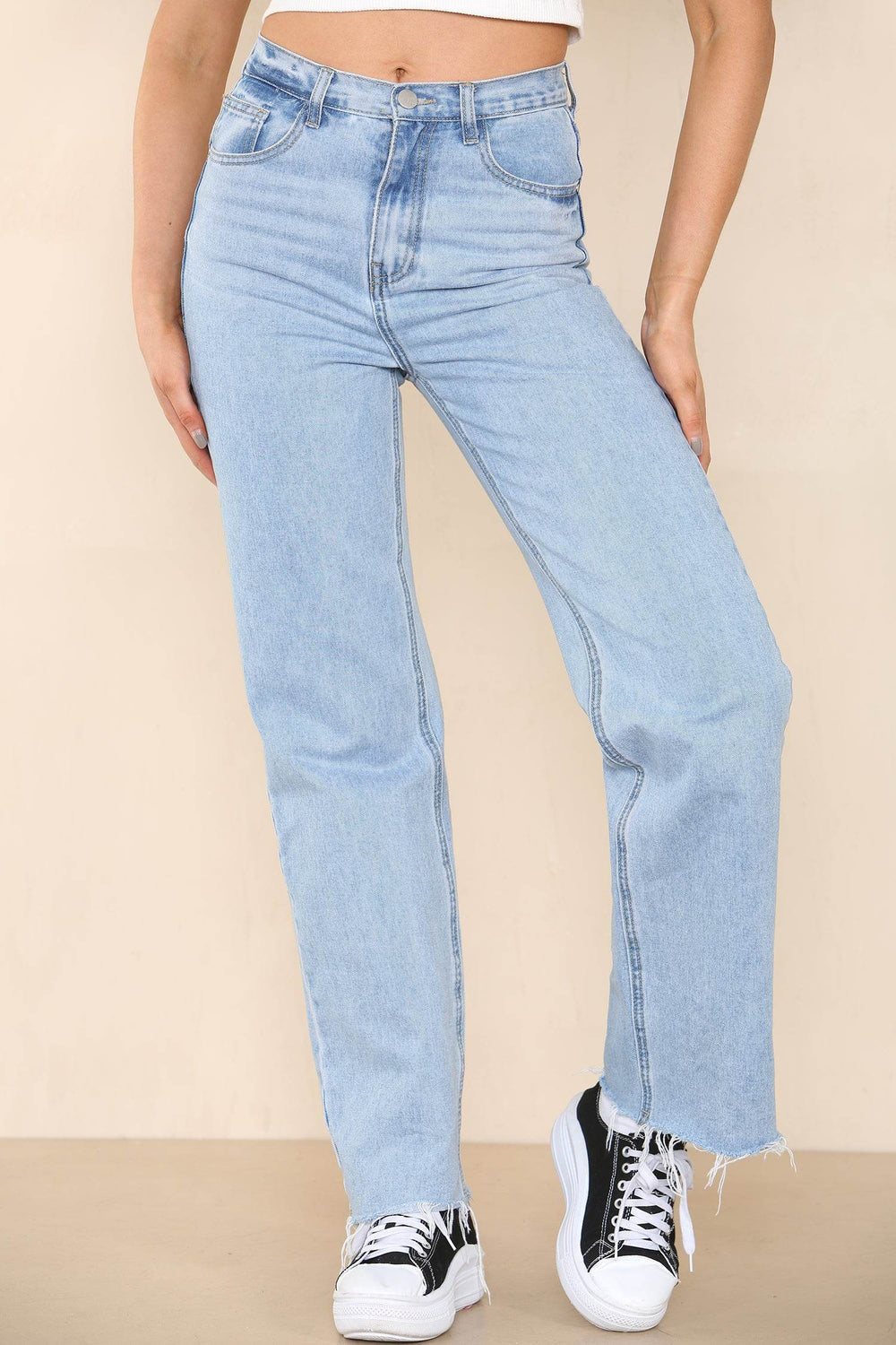 Elaina Fashion Women's Light Wash Blue High Rise Waist Straight Leg Jeans with Raw Hem Cut, Ladies Summer Winter Regular Fit Distressed Denim Streetwear Daily Work Pants - Elaina Fashion