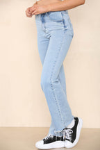 Elaina Fashion Women's Light Wash Blue High Rise Waist Straight Leg Jeans with Raw Hem Cut, Ladies Summer Winter Regular Fit Distressed Denim Streetwear Daily Work Pants - Elaina Fashion