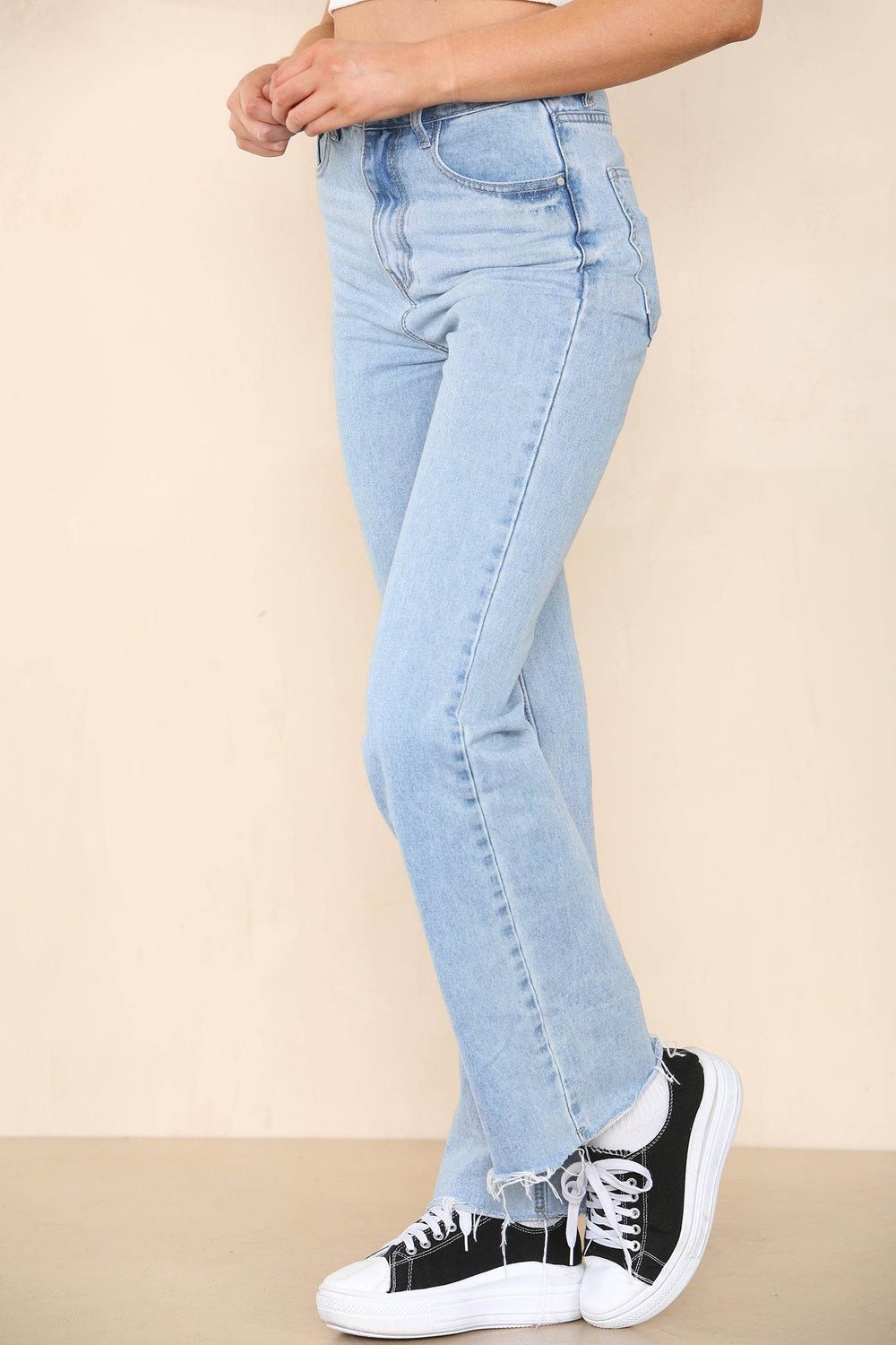 Elaina Fashion Women's Light Wash Blue High Rise Waist Straight Leg Jeans with Raw Hem Cut, Ladies Summer Winter Regular Fit Distressed Denim Streetwear Daily Work Pants - Elaina Fashion