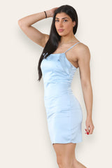 Women's Sexy Baby Blue Backless Spaghetti Strap Sleeveless Bodycon Mini Dress with Front Ruffle - Lightweight Elegant Club Party Short Dress