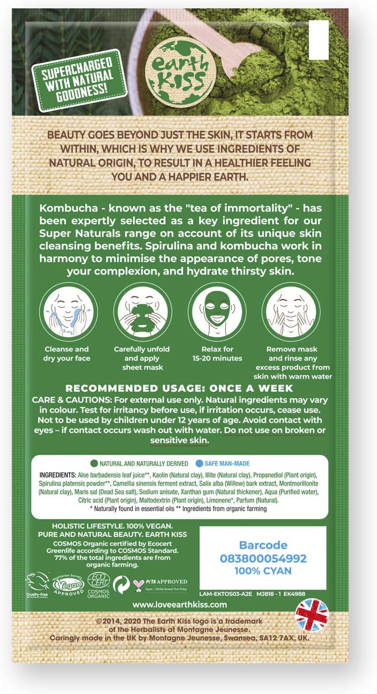 Earth Kiss Super Naturals Hydrating Kombucha and Spirulina Sheet Mask to Minimise the Appearance of Pores, Tone your Complexion and Hydrate Thirsty Skin Secondary image