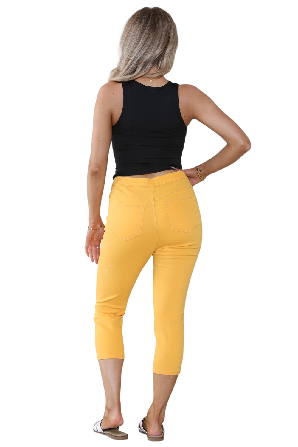 Women's Orange Peel High Waist Skinny Fit Stretch Cropped Capri Denim Jeggings with Elasticated Waist- Casual Summer Trousers Three Quarter 3/4 Length Pull On Cut Off