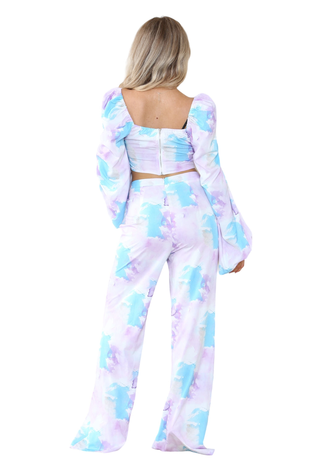 Elaina Fashion Women's Tie Dye Corset Full Sleeve Crop Top, High-Waist Wide Flared Palazzo Trouser Pants 2-Piece Set Casual Summer Club Party Street Wear Co-Ord Outfit Secondary image
