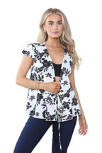 Women’s White Blouse Black Floral Open Front Tie-Up Lace Bow T-Shirt Retro Shirt Cap Sleeve Babydoll Peplum Ruffle Hem Cute Summer Streetwear Casual Top - Elaina Fashion