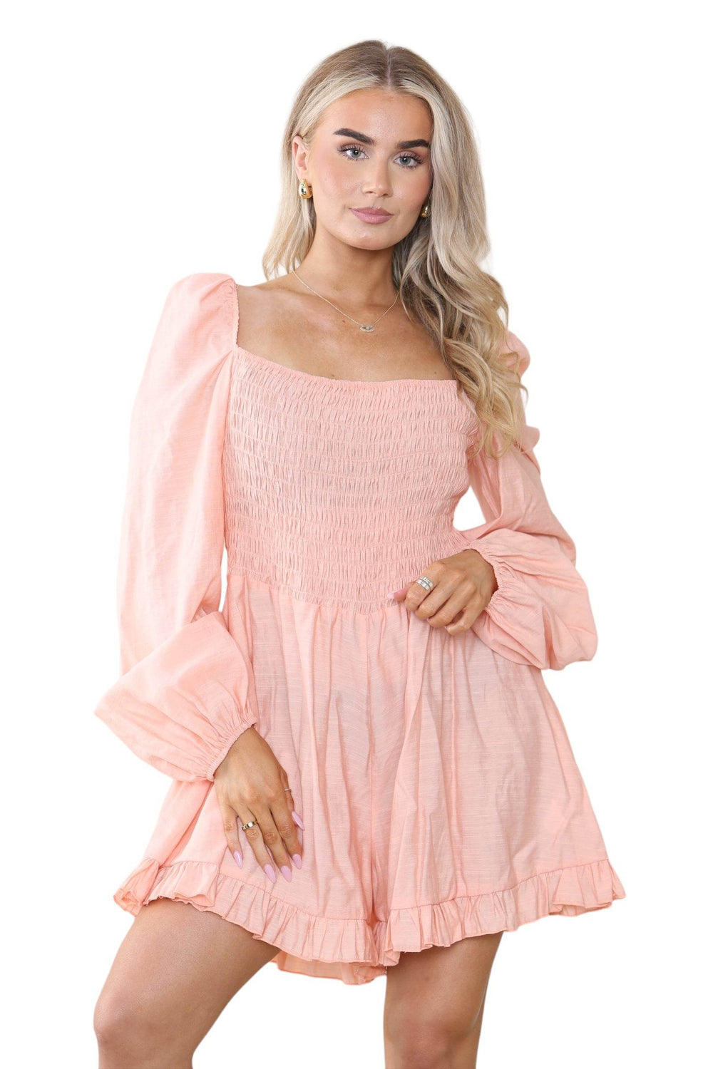 Elaina Fashion Women's Orange Square Neck Mini Swing Jumpsuit Playsuit - Casual Cute Ruffled Hem Long Puff Sleeve Summer Beach Romper Holiday - Elaina Fashion Main image