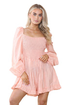 Elaina Fashion Women's Orange Square Neck Mini Swing Jumpsuit Playsuit - Casual Cute Ruffled Hem Long Puff Sleeve Summer Beach Romper Holiday - Elaina Fashion