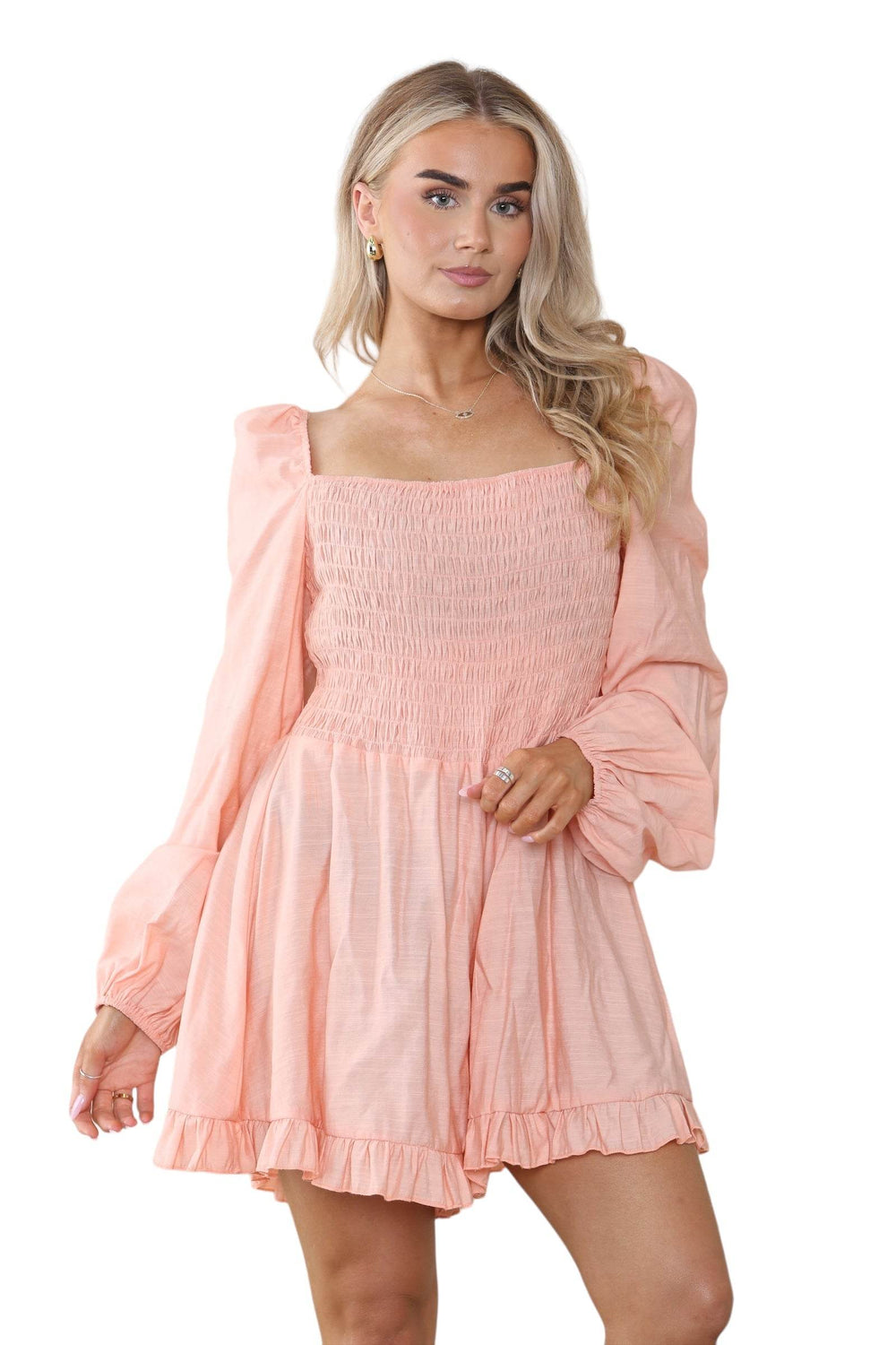 Elaina Fashion Women's Orange Square Neck Mini Swing Jumpsuit Playsuit - Casual Cute Ruffled Hem Long Puff Sleeve Summer Beach Romper Holiday - Elaina Fashion