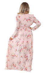 Women's Peach Pink Floral Print V Neck A-Line Maxi Dress, Elegant Casual Swing Frock Summer Wrap Elasticated Waist Sundress Beach Party Club Outing
